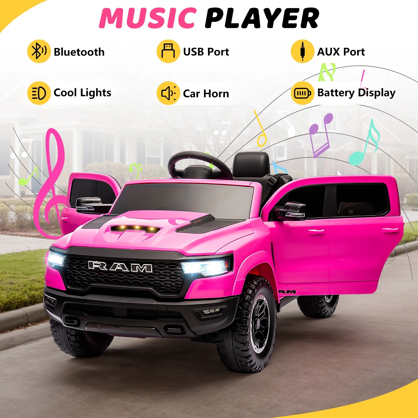 RAM Ride on Car, 12V Powered Ride on Toy with Remote Control, 4 Wheel Suspension, 5 Point Safety Belt, MP3 Player, Bluetooth, LED Lights, Electric Cars for 3-8 Years Boys Girls