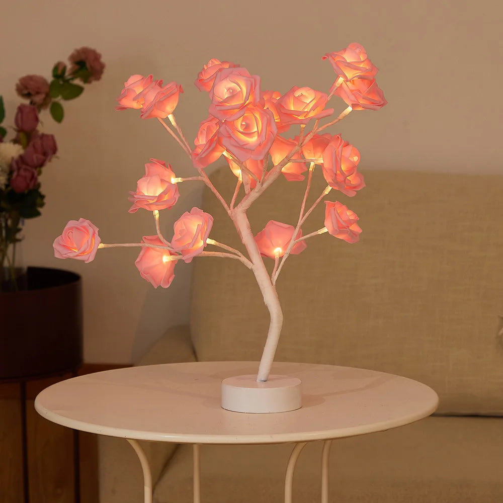 USB Battery Operated LED Table Lamp Rose Flower Bonsai Tree Night Lights Garland Bedroom Decoration Christmas Lights Home Decor