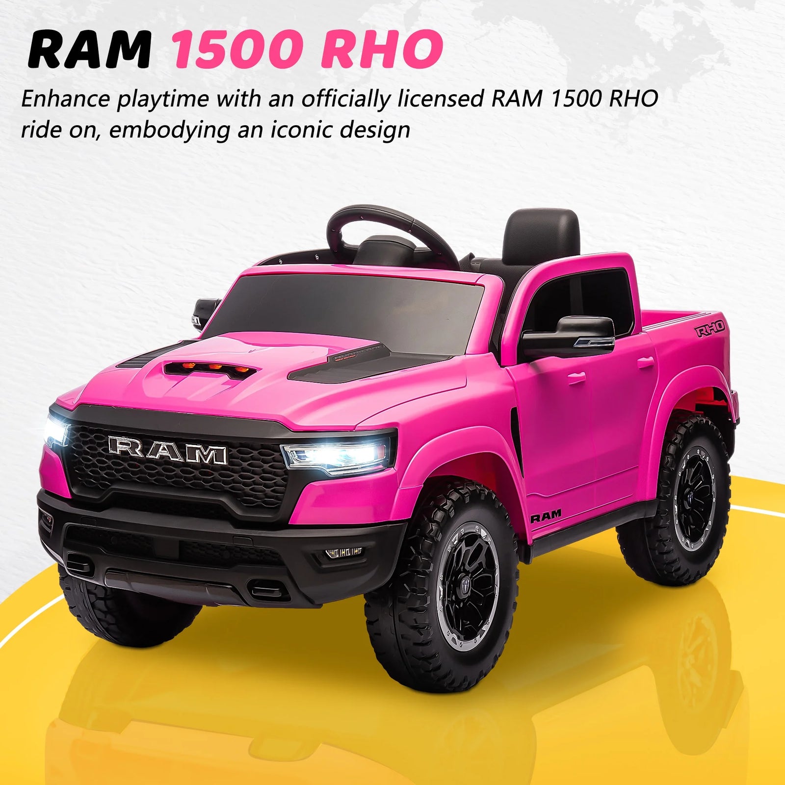 RAM Ride on Car, 12V Powered Ride on Toy with Remote Control, 4 Wheel Suspension, 5 Point Safety Belt, MP3 Player, Bluetooth, LED Lights, Electric Cars for 3-8 Years Boys Girls