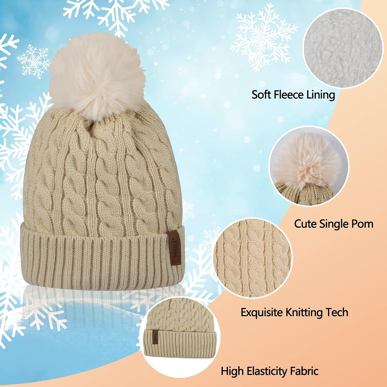 3Pcs Winter Women Beanie Hat Scarf and Touch Screen Gloves Sets Girls Classic Knit Warm Chunky Fleece Lined Cable Cap