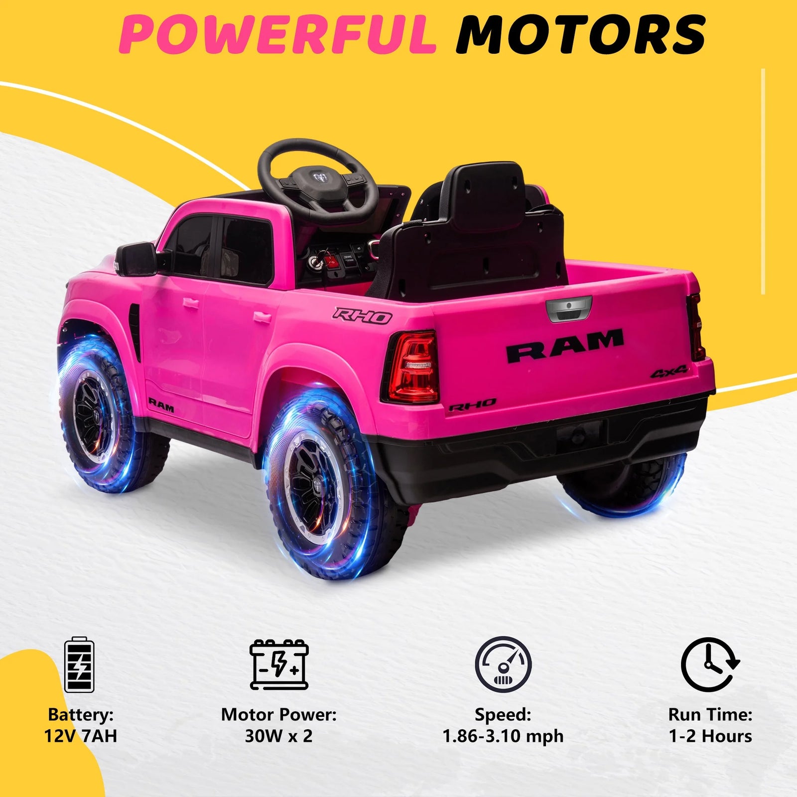 RAM Ride on Car, 12V Powered Ride on Toy with Remote Control, 4 Wheel Suspension, 5 Point Safety Belt, MP3 Player, Bluetooth, LED Lights, Electric Cars for 3-8 Years Boys Girls